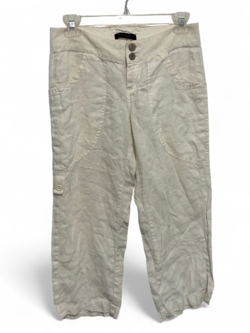 Y2K Express Cream Cropped Linen-Blend Lace Up Back Pants